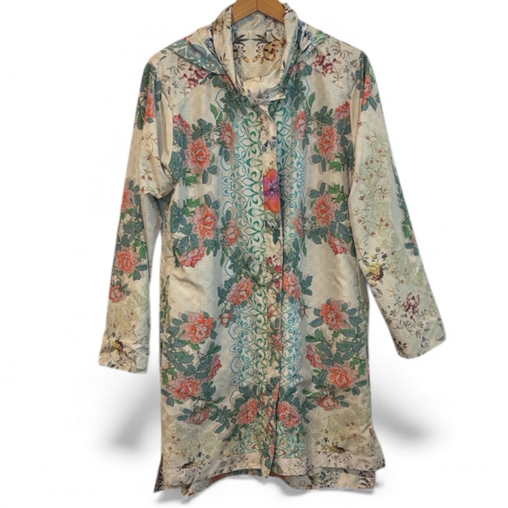 Johnny Was Multicolor Floral Reversible Button Zip Up Jacket  With Hood M
